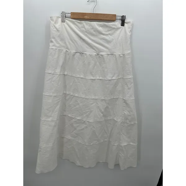 White Linen Cotton Tiered Midi Skirt Sz L Boho Coastal Lagenlook Sustainable‎ - Image 2