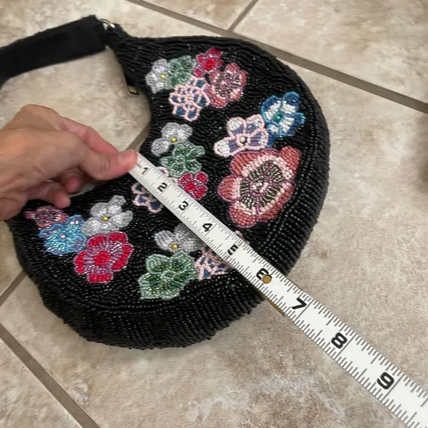 Studio 12 Black Beaded Floral Hobo Shoulder Bag Crescent Y2K Small Purse - Image 8