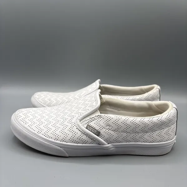 Vans Perforated Leather Shoe Women Size 6.5 White Chevron Asher Slip on Sneakers - Image 6