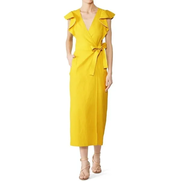A.L.C. Walker Yellow Linen Blend Wrap Midi Dress Ruffle Sleeve Size 4 - Image 4