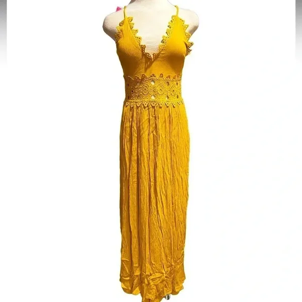 Lulu's Small This Love Mustard Yellow Lace Maxi Dress Size S - Image 3
