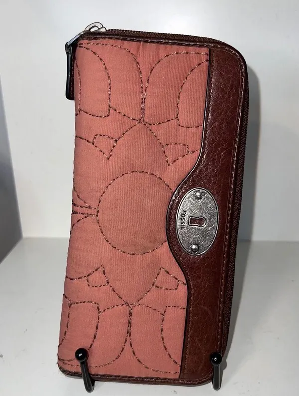 VTG Fossil Key-Per Floral Wallet Brown Leather Zip Around Clutch Organizer Purse - Image 6
