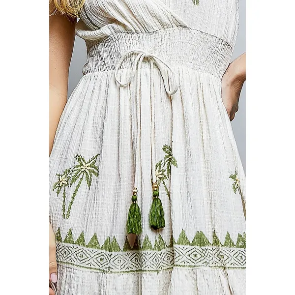 POL Palm Tree Print Wrap Bodice Smocked Waist Ruffle Hem Dress - Medium - Image 9