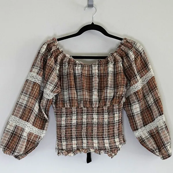 Kimchi Blue Brown Plaid Lace Ribbon Bow Puff Sleeve Cropped Milkmaid Top Size S - Image 3
