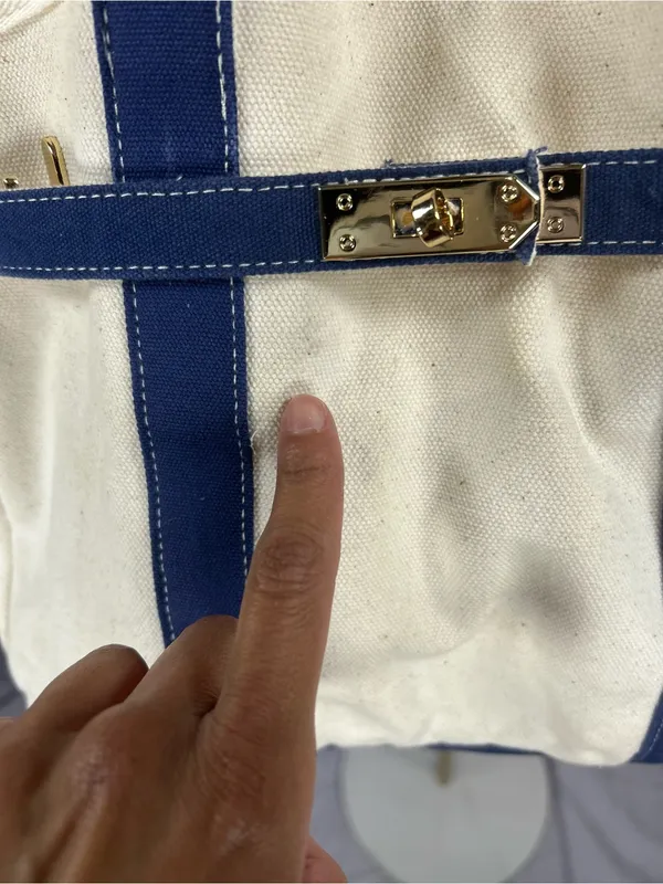 Designer Inspired Ivory & Navy Canvas Satchel Tote Bag Gold Hardware - Image 6