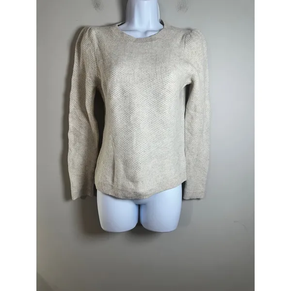 Club Monaco Womens XS‎ Cashmere Puff Shoulder Waffle Knit Speckled Sweater Cream - Image 2