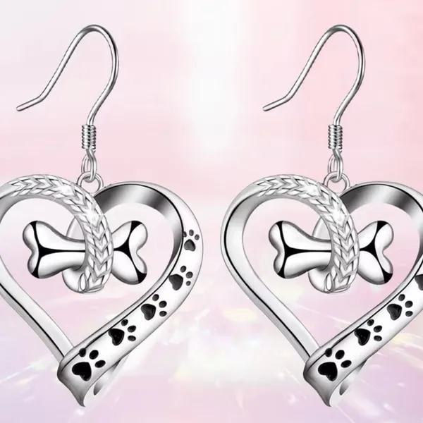 Adorable Canine with a Bone, Heart-Shaped Pendant Earrings - Image 2
