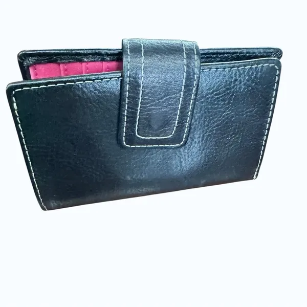 Fossil Black Leather Wallet Pink Interior Bifold Snap Tab Zip Pocket - Image 2
