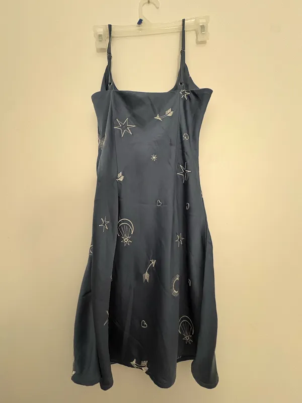 Le Lis Blue Dress with White Embroidery Small - Image 2