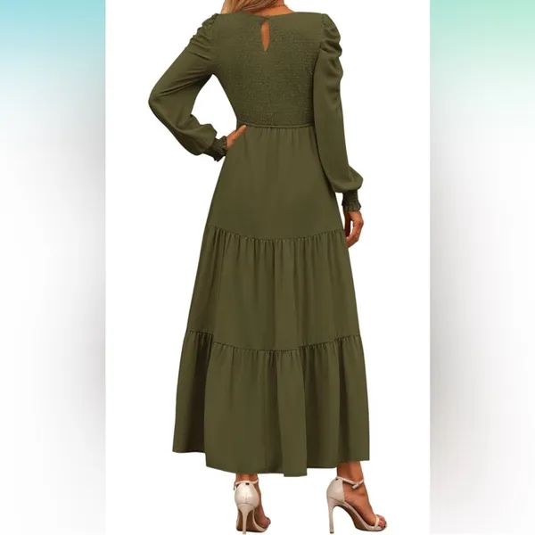 Kirundo smocked olive green long sleeve maxi dress - Image 3