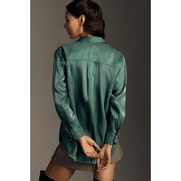 Anthropologie Blouse Women Large Teal Green Button Down Satin Finish Relaxed Top - Image 2