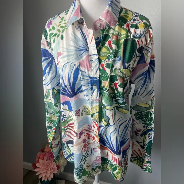 Soft Surroundings Women’s Long Sleeve Shirt Colorful Artistic Leaf & Floral Pattern – Casual Boho - Image 2