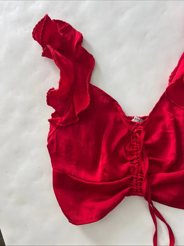 Intimately Free People - Red Ruched Flutter Ruffle Cinch Crop Tank Top XS - Image 4