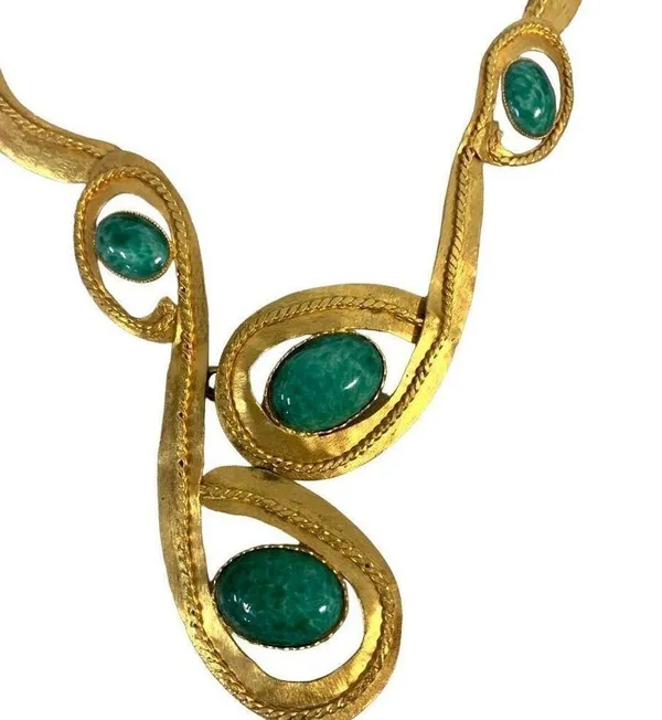 Vintage 14" Unique Gold Tone Tribal Necklace with Green Stones Jade? - Image 3