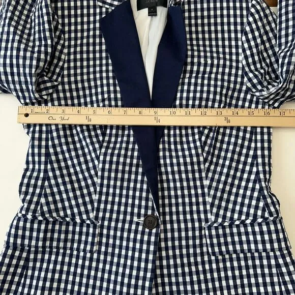 J.Crew Gingham Check Blazer Blue White Tuxedo Lapel‎ Professional Womens Size 2 - Image 8