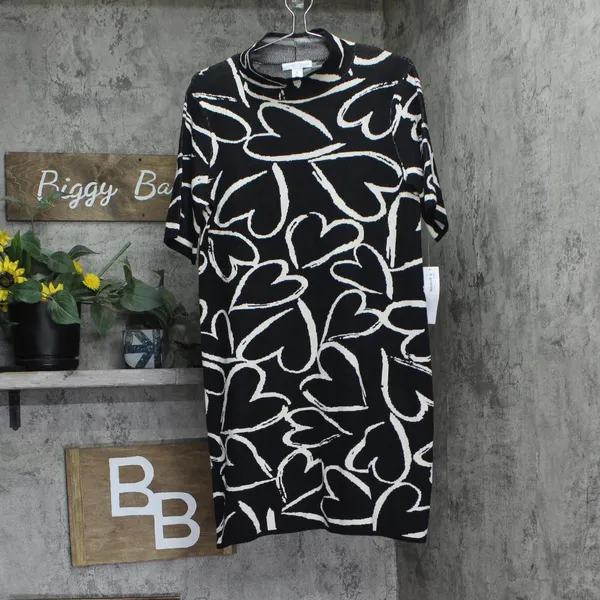 NWT London Times Mockneck Short Sleeve Mini Sweater Dress Black / White Hearts M - Image 5