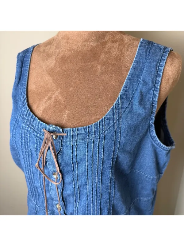 Vintage 90s Y2K Denim Tank Top Womens Large Faded Glory Prairie Cottage Boho - Image 2