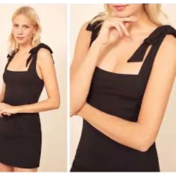 Reformation Jeans Liz Mini Dress Womens M Black Ribbed Tie Shoulder Straps - Image 2