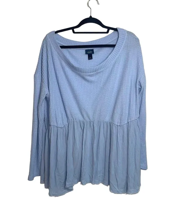 Daytrip Buckle Baby Blue Off The Shoulder Thermal Babydoll Top - Image 2