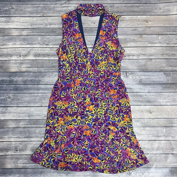 Saloni Blue Purple Floral Sleeveless Plunging V Neck Choker Neck Fleur Dress 8 - Image 6