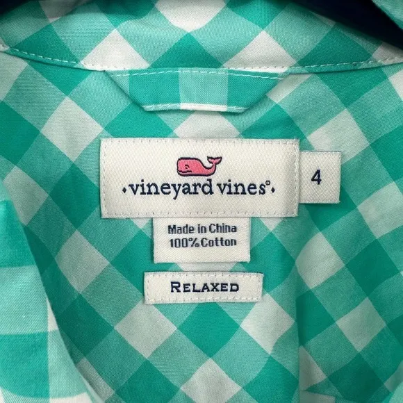 Vineyard Vines size 4 relaxed fit 100%‎ cotton green and white gingham button up - Image 5