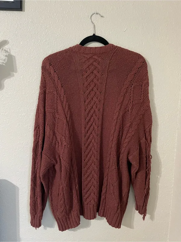 American Eagle Fringe Cable Knit Open Front Cardigan Rust Size XS/S Oversized - Image 13