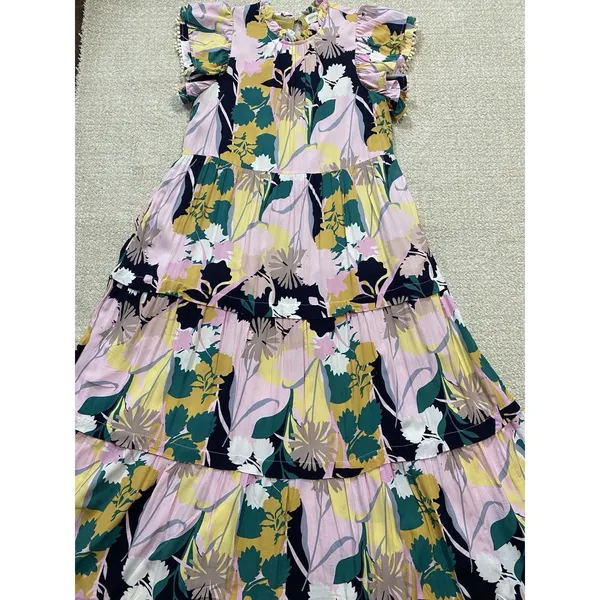 pantsstore Floral Ruffle Maxi Dress Pom Pom Accents Pink Yellow Green Size S - Image 15