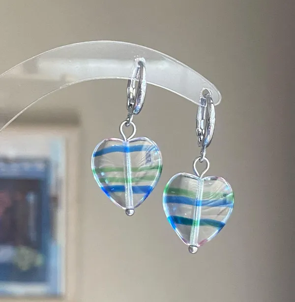 Handmade retro vintage fairy whimsical style quality Czech glass heart beads dangle earrings🩵 - Image 7
