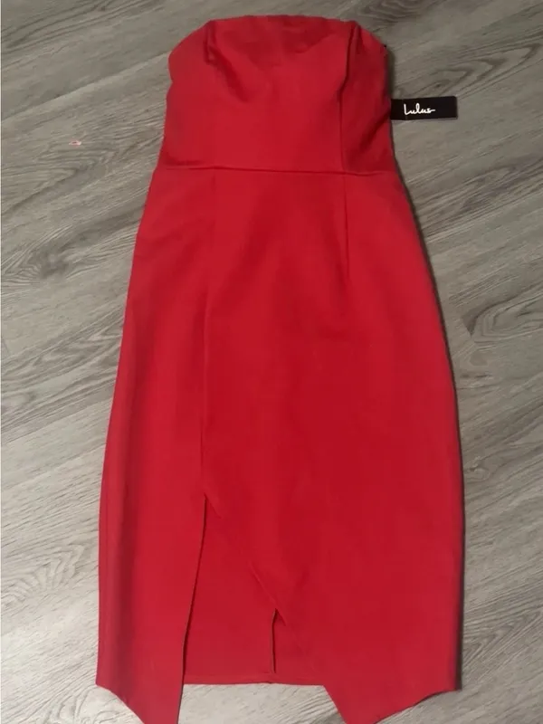 Lulus Strapless Bodycon Dress Sz S Jazzie Red Asymmetrical Hem Wedding Guest - Image 2