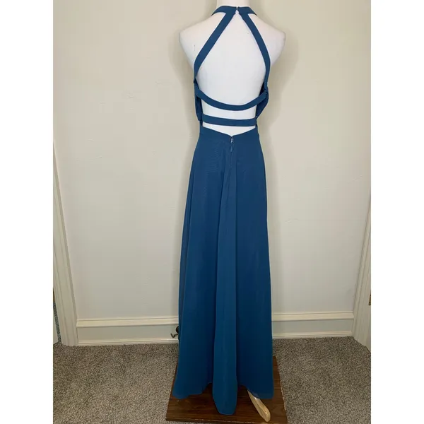 Azazie Teal Blue Strappy High Neck Halter Dress Sz 10A - Image 2
