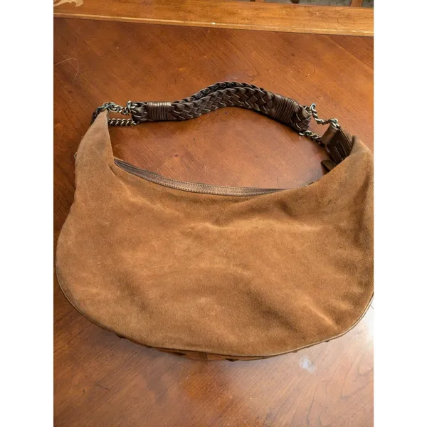 Donald Pliner Camel Suede/Metallic Cresent Studded Trim Hobo Purse - Image 5