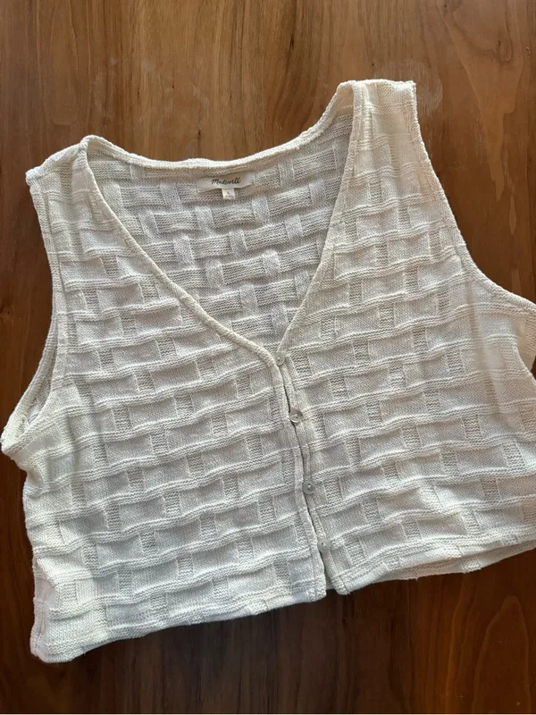 Madewell White Textured V-Neck Button Front Tank - Image 2