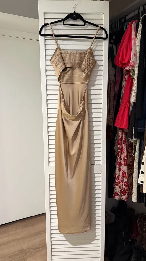 Gold Satin Formal Maxi Dress Open Back - Image 3