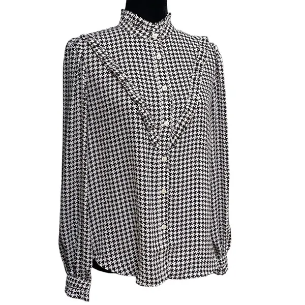 Ann Taylor Houndstooth Ruffle Neck Button Up Long Sleeve Blouse Small - Image 2