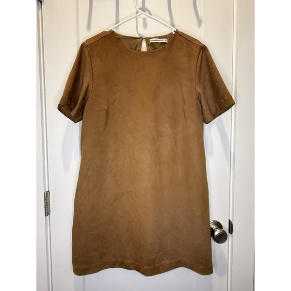 Abercrombie & Fitch Faux Suede Mini Dress Brown / Tan Large T-shirt Short Sleeve - Image 3