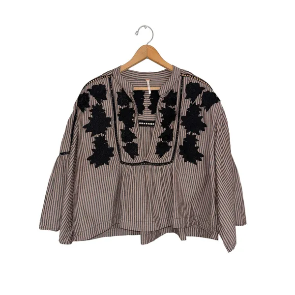 Free People Embroidered Striped Bell Sleeve Boho Blouse Beige Black Large - Image 2