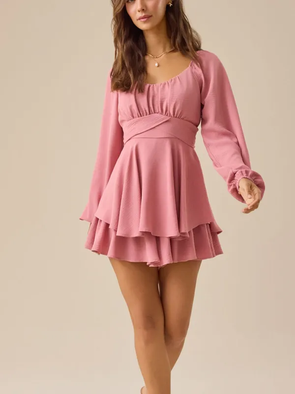 Altar'd State Dusty Rose Long-Sleeve‎ Tiered Mini Dress - Image 2