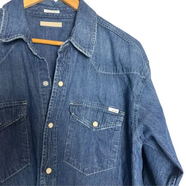 Mother The Western Cowgirl Blue Denim Jean Long Sleeve Button Raw Hem S - Image 8