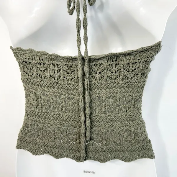 Abercrombie & Fitch XS Halter‎ Top Y2K VTG Crochet Olive Green Cotton Boho 1421 - Image 8