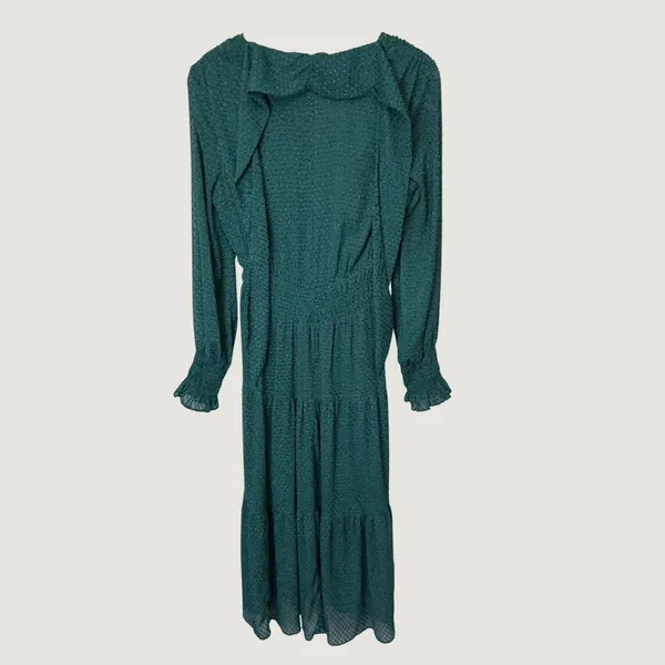 Ryegrass Hunter Green Clip Dot Smocked Tiered Maxi Dress Small VNeck Long Sleeve - Image 3