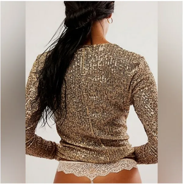 Intimately Free People Gold Rush Sequin Long Sleeve Top Small - Image 3