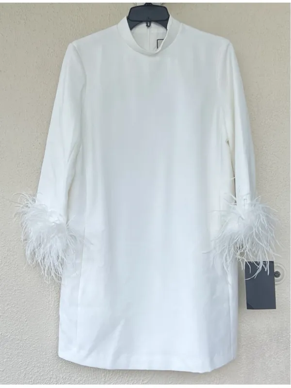 New Tuckernuck Women White Feather Cuff Shift Ellie Mini Dress L Wedding Bridal - Image 4