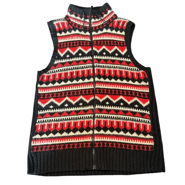 Lauren Ralph Lauren Fair Isle‎ Knit Vest Full Zip Women Size L Red Black White - Image 2