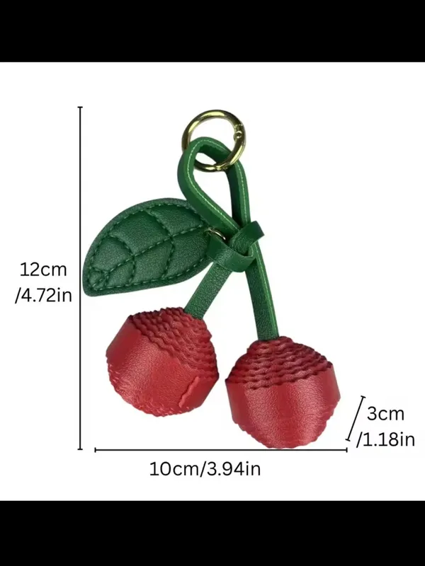 NIB Cherry Faux Leather Bag Charm Keychain Red Green Gold - Image 3
