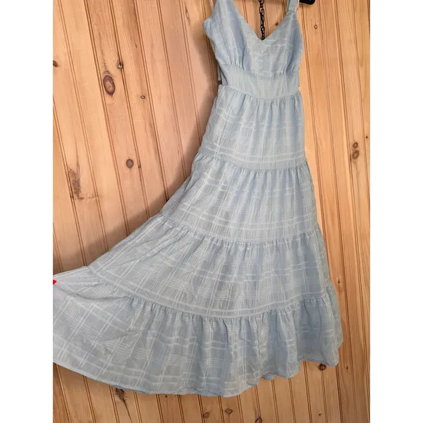 NWT Lulus Freest Feelings Light Blue Plaid Tiered Tie-Back Midi Dress Resort S - Image 5