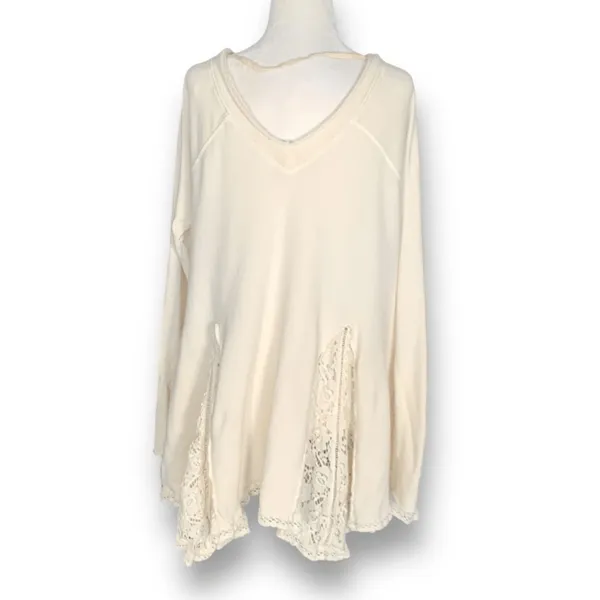 Free People No Frills Pullover Top Cream Lace Insert Vneck Sweatshirt‎ Small - Image 8