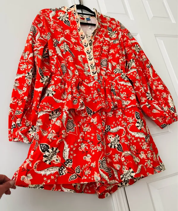 Farm Rio Button Front Balloon Sleeve Printed Romper, Size L - Image 10