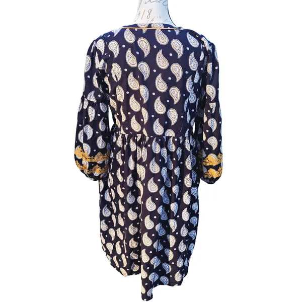 Roller Rabbit Navy Paisley Embroidered Cotton Tunic Dress‎ Yellow Tassels Medium - Image 3