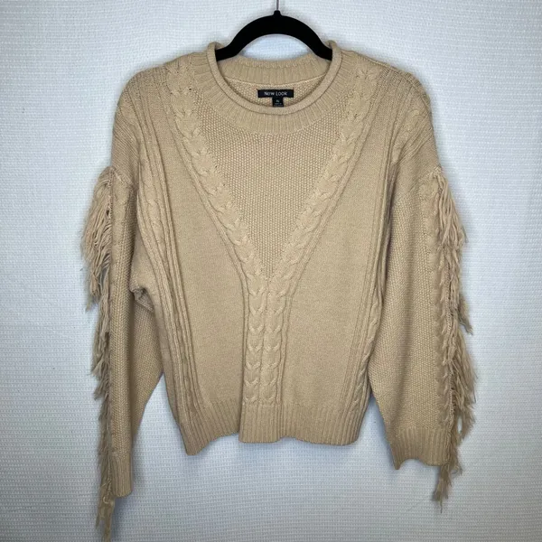 New Look Womens XL Beige Cable Knit‎ Fringe Sleeve Crew Neck Sweater - Image 2