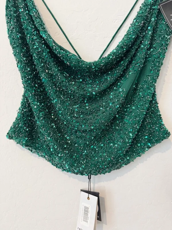 Retrofête Michal Sequin Top Size Large Emerald Green Cowl Neck Club Night Out - Image 7